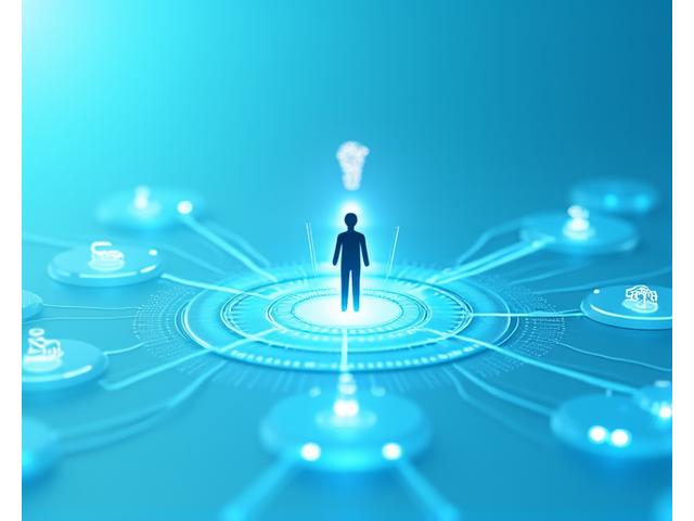 Illustration of a person interacting with a personalized learning interface, showing connected data points and a human mentor icon.