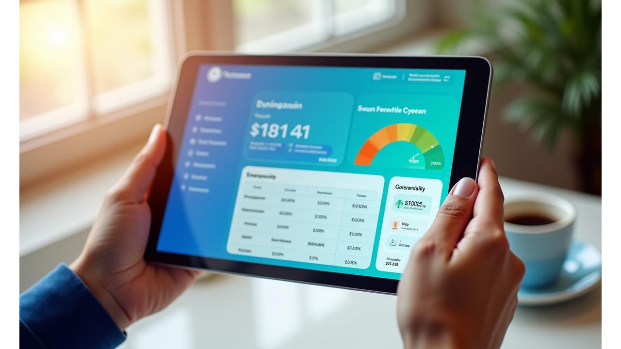 Interactive dashboard displaying a personalized budget, expense categories, and a prominent savings goal progress bar on a tablet